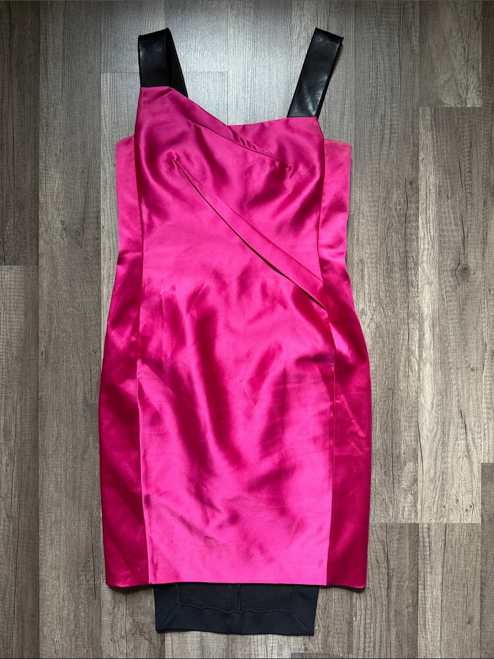 ROLAND MOURET Fuchsia Satin Dress with Black Strap Detail